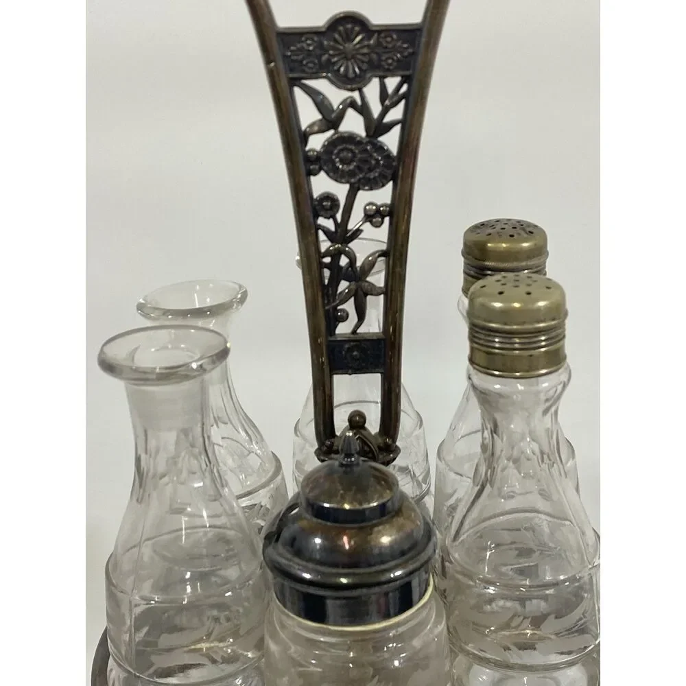 Antique Victorian Simpson Hall Miller Quadruple Plate Spinning Condiment Set 18”